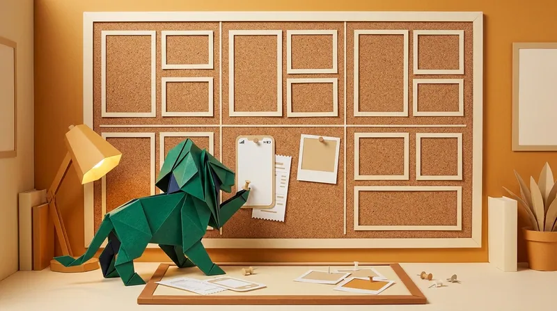 Papercraft-style lion pinning phone screenshots, receipts, and photos onto a categorised noticeboard, organising evidence for an online shopping dispute
