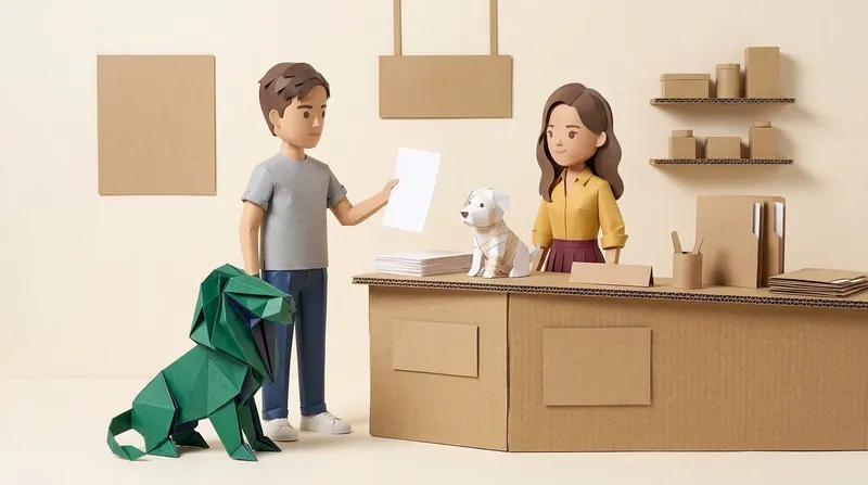 Paper-craft origami lion beside a male customer holding up a blank sheet of paper while speaking with a receptionist behind the counter, a bandaged small dog sitting on the counter