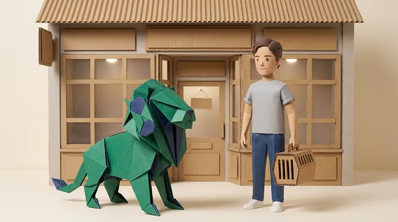 Paper-craft origami lion making a phone call to report an incident, a cardboard character beside it holding a pet carrier, a pet boarding shopfront sign in the background