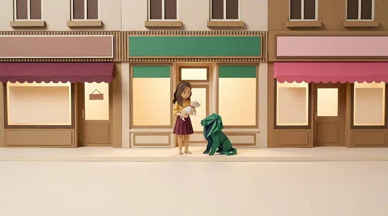Paper-craft origami lion beside a cardboard-character woman cradling a bandaged small dog outside a shopfront, every shop sign on the street left blank