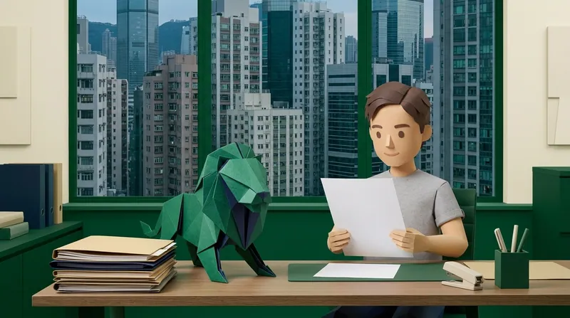 紙板風格插圖：男子喺辦公室書桌前手持一張空白文件細閱，枱上疊起一叠空白牛皮紙文件夾，一隻綠色配深藍內摺嘅摺紙獅子企喺枱上佢身旁，窗外可見香港樓宇天際線。