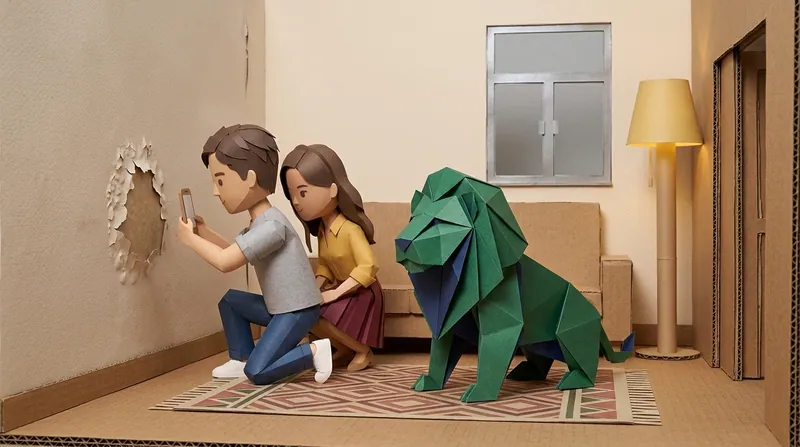 A paper-craft man (charv2-a) crouching by a living-room wall, photographing peeling paint with a phone, a paper-craft woman (charv2-b) crouching alongside to inspect it, a paper-craft EasyDebt lion sitting nearby looking at the wall