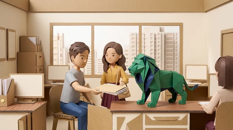 A paper-craft man (charv2-a) sitting at the Small Claims Tribunal registry counter, handing over the renovation contract and defect list to a clerk, a paper-craft woman (charv2-b) standing beside him, a paper-craft EasyDebt lion standing on the wood-grain counter