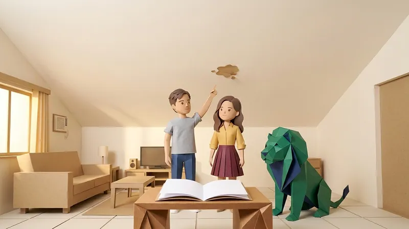 A cardboard paper-craft couple (grey-shirt man charv2-a and yellow-shirt woman charv2-b) pointing at a small brown ceiling stain in their living room, the renovation contract open on a desk nearby, a cardboard paper-craft EasyDebt lion sitting by the desk looking at the stain too