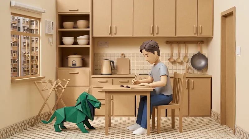 Cardboard-style young man in a grey T-shirt, dark trousers and white sneakers, sitting at a small kitchen table writing in an open notebook with a pen, a green paper-craft lion standing on all fours on the tiled floor