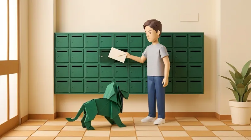 Cardboard-style young man dropping a blank envelope into a row of green metal mailboxes in the lobby of a Hong Kong building, a green paper-craft lion standing on all fours by his feet