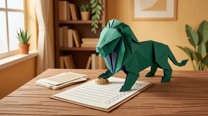 Papercraft-style lion at a study desk organising a move-in inventory checklist, move-out comparison photos, and a cloth tape measure, preparing evidence to claim back a deposit