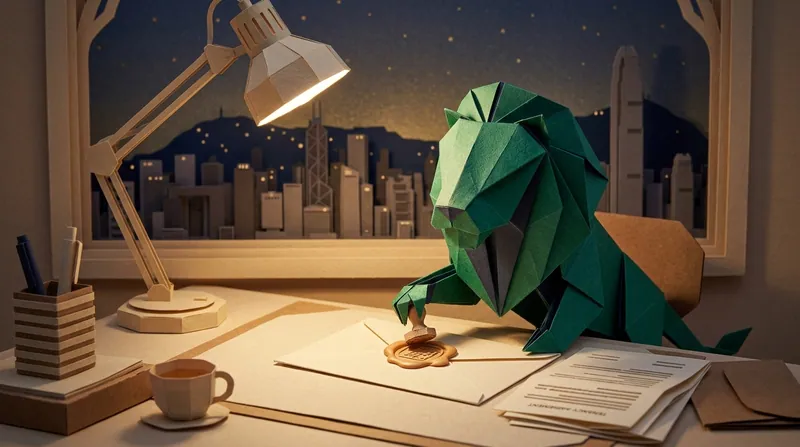Papercraft-style lion at a writing desk sealing an envelope with wax, tenancy agreement documents beside it, preparing to send a formal deposit demand letter
