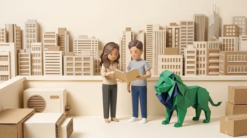Papercraft illustration of a Hong Kong property owner and a building management staff member standing together on a rooftop, both looking down at an open document with blank pages, the EasyDebt origami lion standing nearby on all four legs.