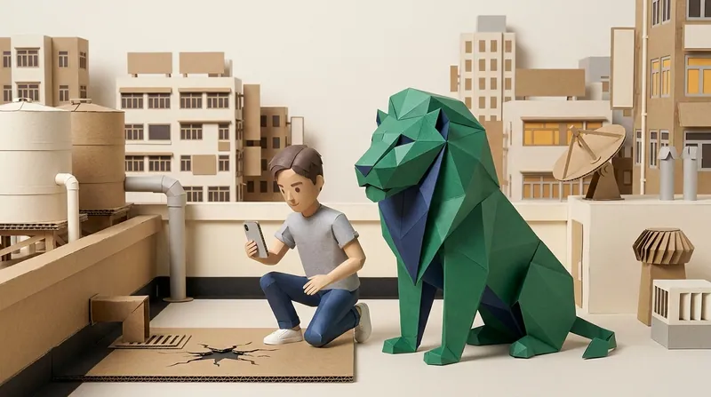 Papercraft illustration of a Hong Kong homeowner crouching beside a rooftop drain outlet, photographing a cracked waterproof membrane panel with a phone, the origami lion seated beside them, daylight rooftop setting with water tanks in the background.
