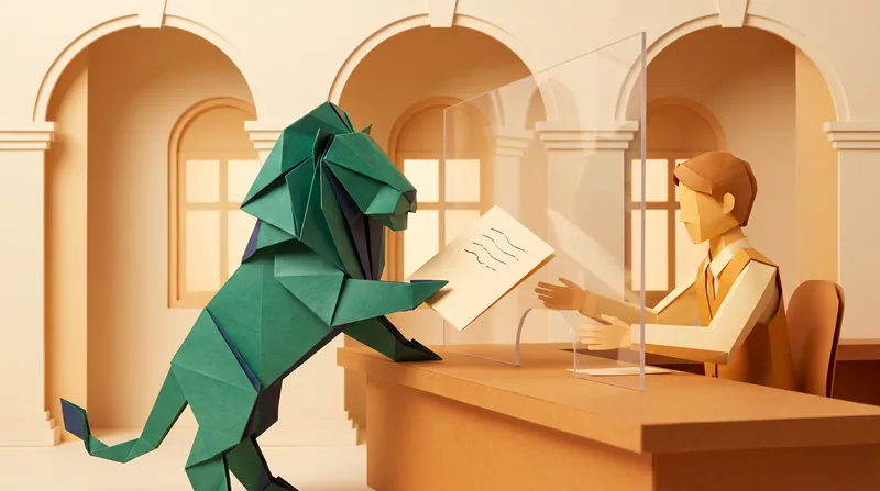 A paper-craft lion at the Tribunal registry counter, handing a defence document to staff through a glass partition