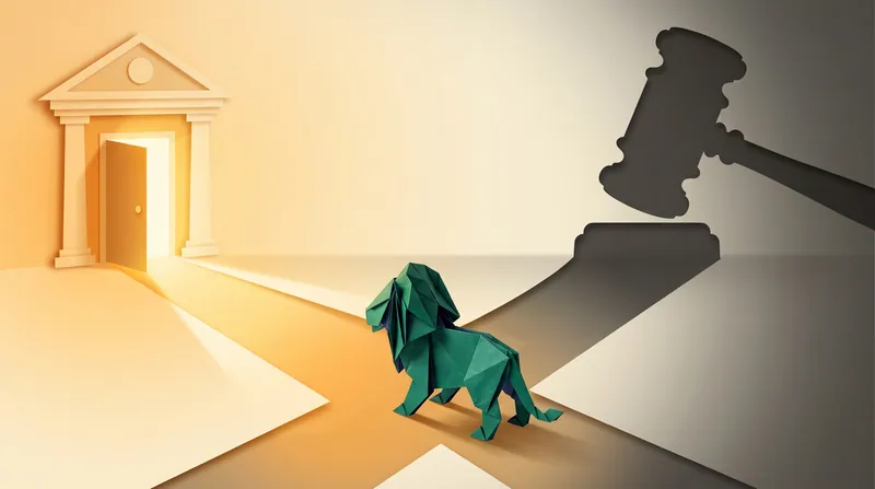A paper-craft lion standing at a fork in the road — one path leads to a bright courthouse entrance, the other is shadowed by a giant gavel, symbolising the risk of default judgment