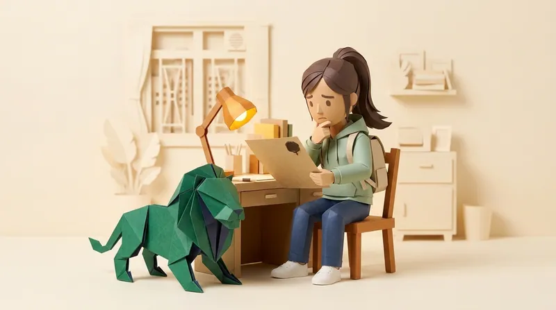 A paper-craft lion sitting at a home desk opening a wax-sealed summons envelope, with several official forms spread out on the desk, looking focused and thoughtful