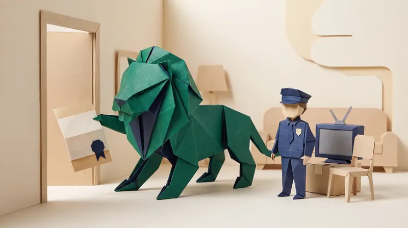 Paper-craft lion applying for a writ of fieri facias, enforced by the Bailiff after a Small Claims Tribunal judgment