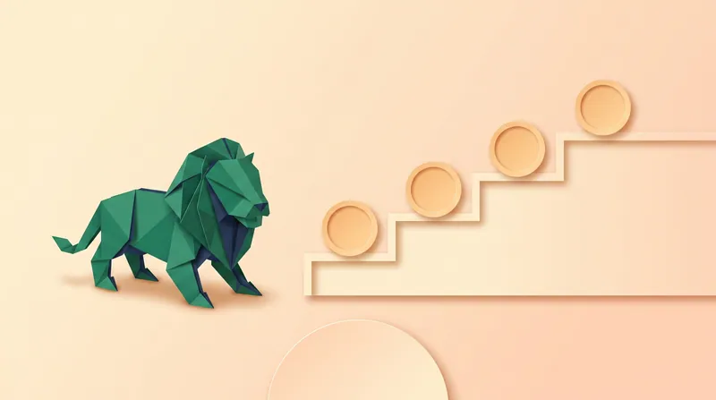 A paper-craft lion standing beside a four-step staircase, with a paper-craft coin of increasing size on each step, representing the four filing fee tiers