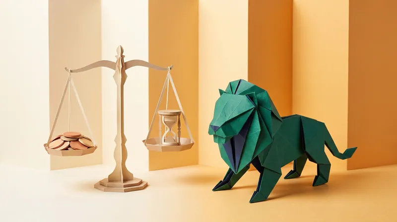 A paper-craft lion looking at a set of scales, with paper-craft coins on one side and a paper-craft hourglass on the other, representing the trade-off between money and time