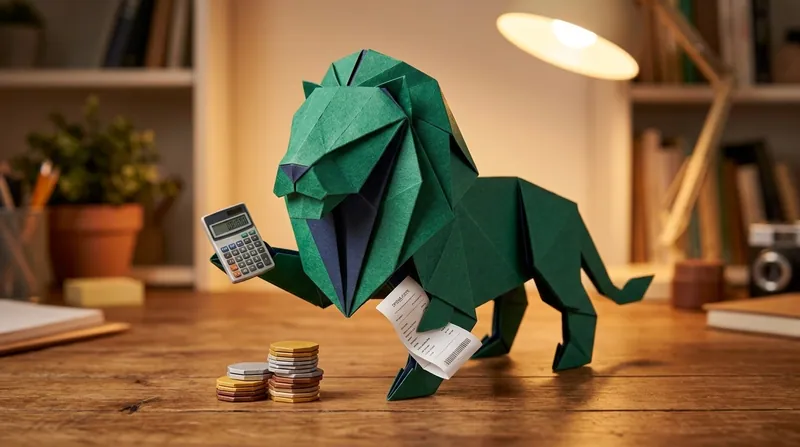 A paper-craft lion sitting at a wooden desk in a home study, with bookshelves, a potted plant, and sunlight through a window behind him, tapping a calculator while checking a long receipt, with two stacks of paper-craft coins on the desk