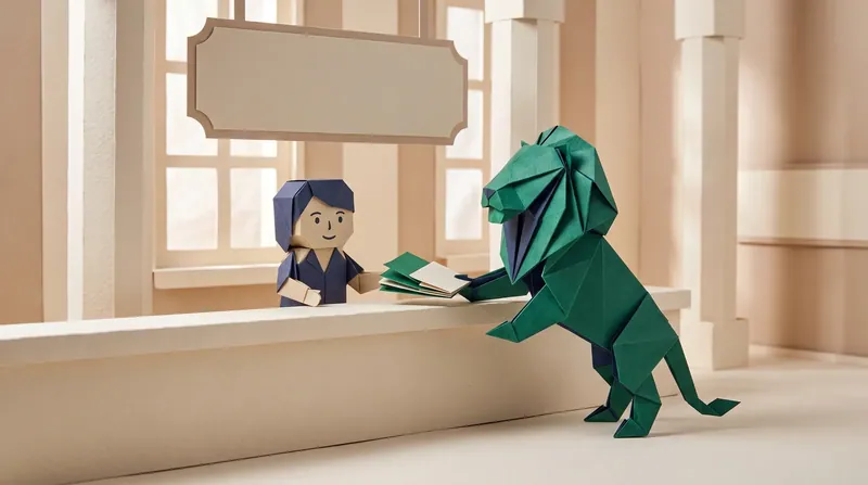 Paper-craft lion submitting Form 1 and Form 2 at the Small Claims Tribunal registry counter