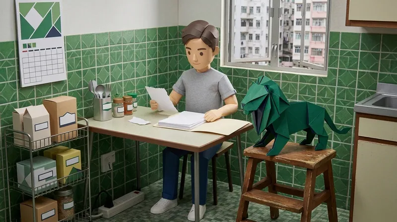 A cardboard-style man sitting at a kitchen table holding a blank document, a stack of blank paperwork on the table, a green paper-craft lion with navy-blue folds standing on a stool beside the table watching him, a Hong Kong residential skyline visible through the window, green-tiled kitchen wall