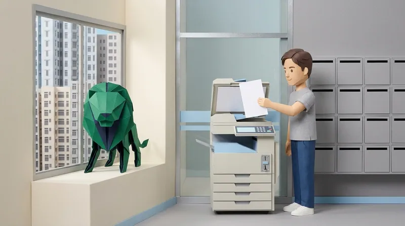 A cardboard-style man at a photocopier making a copy of a blank document, a wall of blank mail slots in the background, a green paper-craft lion with navy-blue folds sitting on a windowsill overlooking a Hong Kong residential skyline
