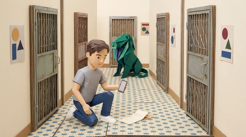 A cardboard-style man crouching in a narrow Hong Kong subdivided-flat corridor holding up a smartphone with a blank screen, a green paper-craft lion with navy-blue folds sitting further down the corridor behind him, iron security gates on both sides, purely geometric wall posters with no text, a blank paper slip on the floor