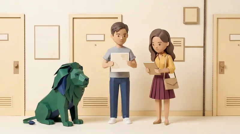 Papercraft illustration of a Hong Kong residential corridor, one cardboard character holding up a photo of a water-stained ceiling patch, a second cardboard character beside them holding a closed blank notebook, the origami lion seated nearby on all four legs, daylight corridor setting.