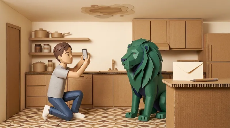Papercraft illustration of a Hong Kong resident crouching in a kitchen, photographing a water-stained ceiling patch with a phone, a blank envelope and a pen resting on the counter beside them, the origami lion seated beside them, warm indoor lighting.