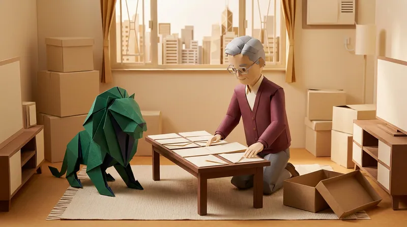 Cardboard-style elderly man kneeling on the floor of a Hong Kong living room, laying out blank documents and sealed blank envelopes one by one on a low coffee table, an open cardboard box beside him, a green paper-craft lion lying on all fours on the rug