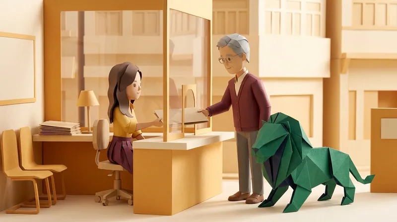 Cardboard-style elderly man at a Hong Kong government office counter, passing a blank folder through the glass window to a cardboard-style female clerk seated on the other side, a green paper-craft lion standing on all fours beside him