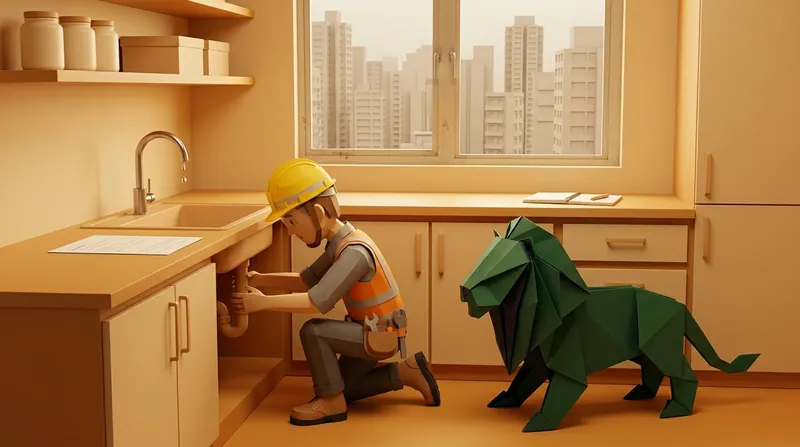 A cardboard-style illustration of the same hard-hat repair worker kneeling to check pipework under a kitchen sink, a green-and-navy origami paper lion standing beside him, a Hong Kong high-rise skyline visible through the window.