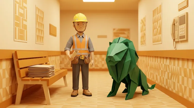 A cardboard-style illustration of the same repair worker standing in a residential corridor holding a rolled-up plan, a green-and-navy origami paper lion standing beside him, geometric-patterned wall panels and an intercom unit mounted on the corridor wall.