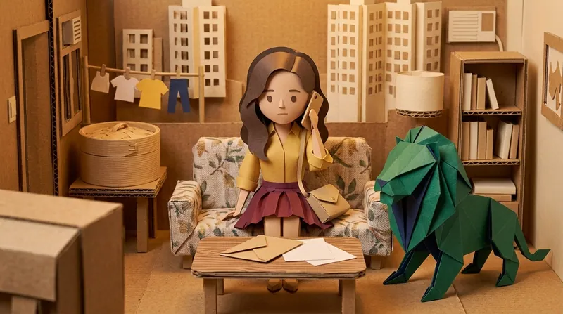 Papercraft-style scene: a woman sits on her sofa at home calling the card-issuing bank, with the tour-fare credit card statement and cancellation notice on the coffee table; the green origami lion rests on all fours beside the sofa
