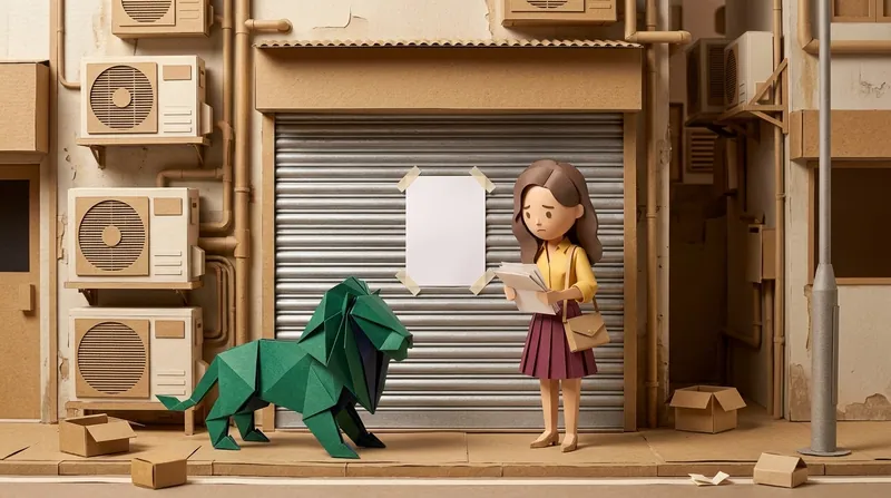 Papercraft-style scene: a woman stands outside a shuttered, closed-down travel agency holding her insurance documents, looking at the closure notice on the shutter; the green origami lion stands on all fours beside her