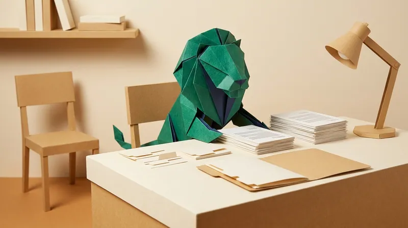 A paper-craft lion at a home desk, sorting documents with index tabs into neat folders in preparation for the hearing