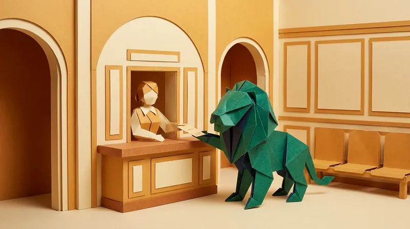 A paper-craft lion at the Tribunal registry counter presenting a case number to check in, with waiting room seats nearby