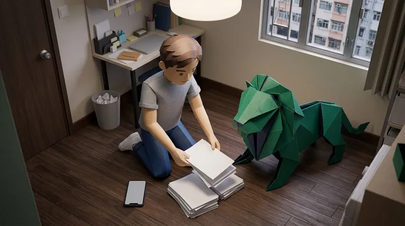 Paper-craft lion and cardboard student kneeling on the floor sorting documents into neat piles with a phone beside them, preparing to claim back course fees