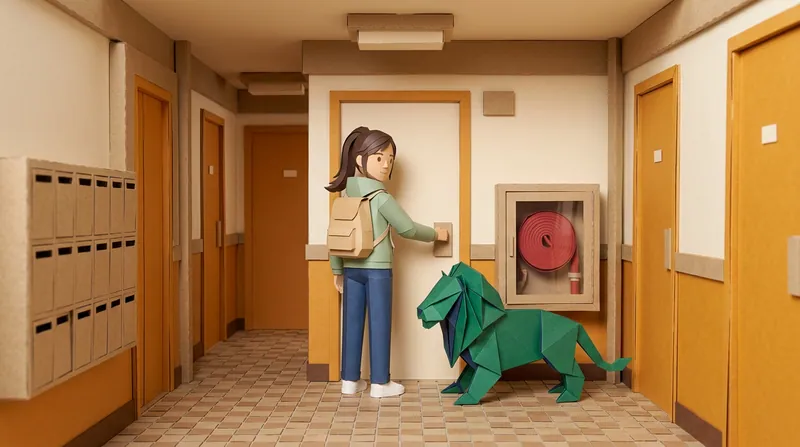 A cardboard-style woman wearing a backpack, mint-green hoodie and blue jeans, one hand on a door handle looking back over her shoulder, a green paper-craft lion walking on all fours beside her in a corridor