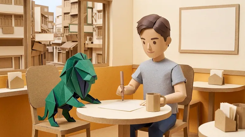 A cardboard-style man in a grey top and navy trousers sitting at a round café table, pen in hand, looking at a blank sheet of paper, a green paper-craft lion standing on the chair opposite with its front paws resting on the table edge