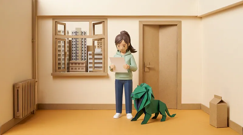 A cardboard-style woman in a mint-green hoodie and navy trousers standing in an empty room, holding a blank sheet of paper in both hands, a green paper-craft lion standing on all fours beside her
