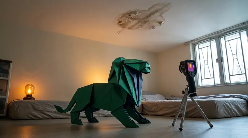 Papercraft-style lion in a bedroom holding up an infrared thermal imaging device to scan ceiling water stains, with an orange-red heat pattern displayed over the affected area