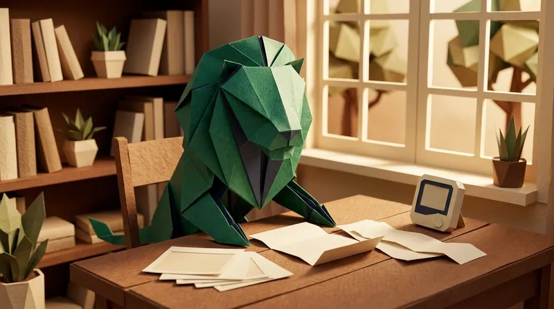 Papercraft-style lion sitting at a desk arranging photos, repair quotations, and receipts, with a moisture meter placed on the desk