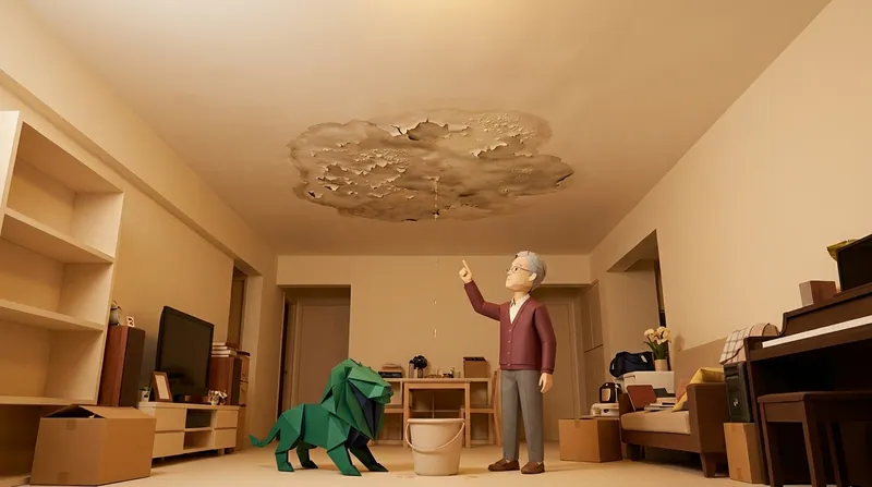 Paper-craft lion and the cardboard elder character looking up at a damp-stained ceiling in a Hong Kong flat, a bucket catching drips below