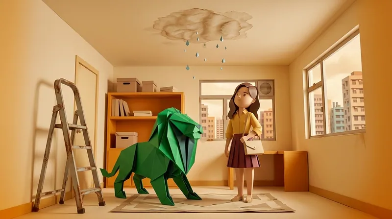 A cardboard-style illustration of the charv2-b woman and the EasyDebt origami lion both looking up at a brown ceiling water stain with paper raindrops, a ladder and cardboard-box bookshelf nearby, Hong Kong towers visible through the window.