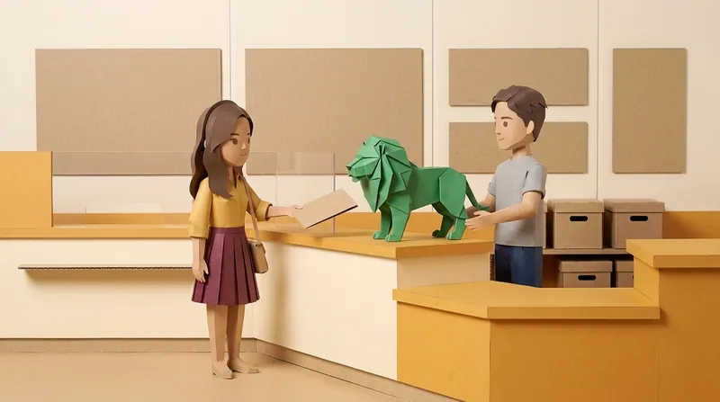 A cardboard-style illustration of the charv2-b woman handing a document to a male clerk across a glass partition, the EasyDebt origami lion standing on all fours on the kraft-paper counter, plain blank cardboard wall panels and stacked file boxes in the background.