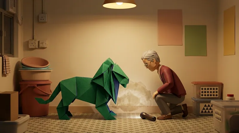 A cardboard-style illustration of an elderly cardboard character kneeling by a Hong Kong flat wall, holding a torch to a brown damp patch, a green origami paper lion with navy interior folds standing beside him, stacked plastic buckets, cardboard boxes, and two blank pastel notices pinned to the wall nearby.