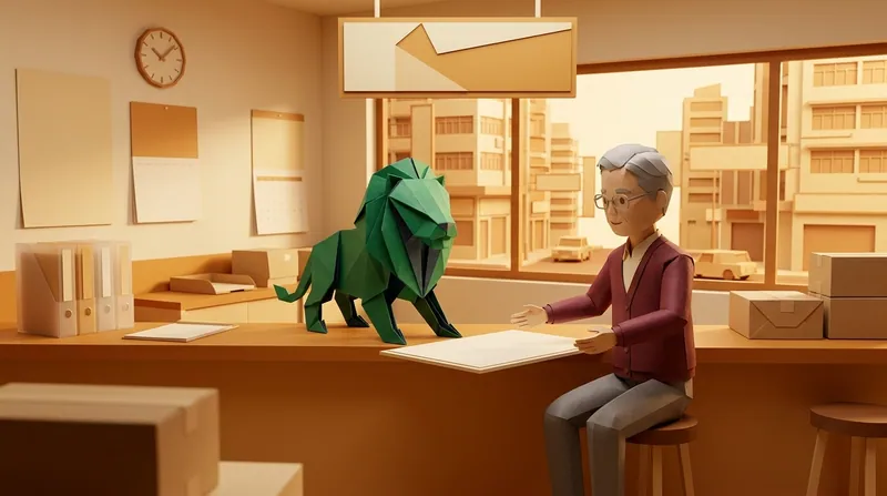 A cardboard-style illustration of an elderly cardboard character handing a blank document across a Small Claims Tribunal registry counter to a clerk, a green origami paper lion with navy interior folds standing on the wood-grain counter, Hong Kong residential towers visible through a window in the background.