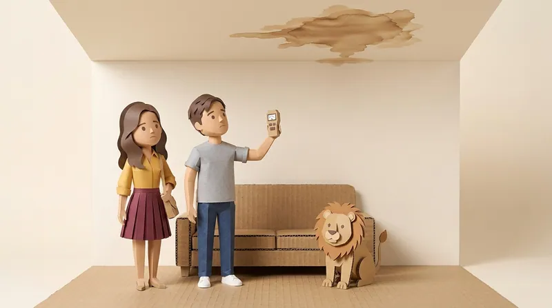 Cardboard-craft illustration: a man in a grey shirt holds up a paper moisture meter towards a brown water stain spreading across the ceiling, a woman in a yellow blouse (charv2-b) looking up beside him, a cardboard sofa behind them and a cardboard EasyDebt lion seated alongside.
