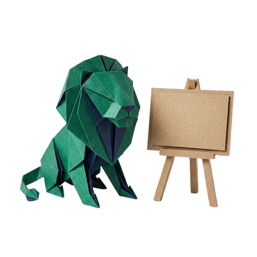 The paper-craft lion sitting beside a small kraft signboard