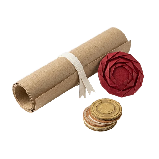 Rolled paper judgment scroll with a red chop and a coin stack
