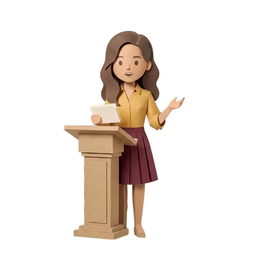 Paper-craft character rehearsing at a small lectern with cue cards